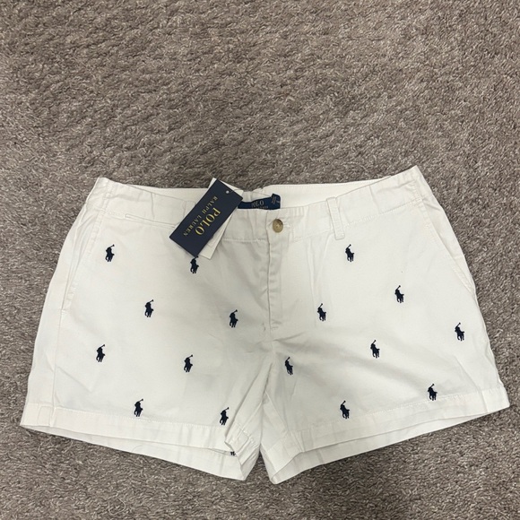 Polo Ralph Lauren Pants - Polo by Ralph Lauren White Women's Shorts with Navy Embroidery
